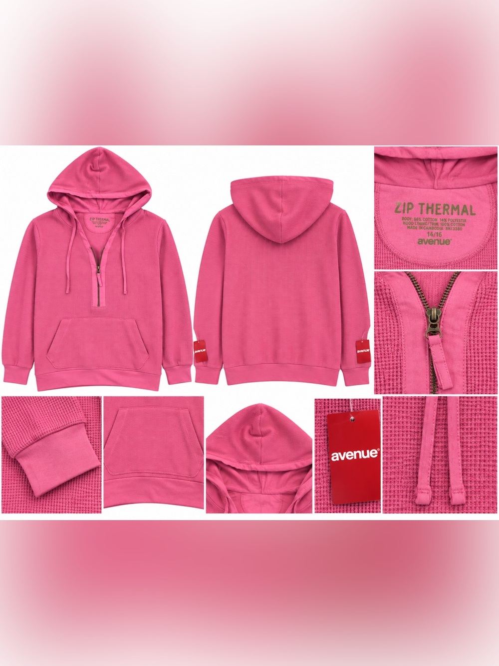 Avenue Women’s 14/16 Pink Thermal Hoodie Half Zip Waffle Knit NWT